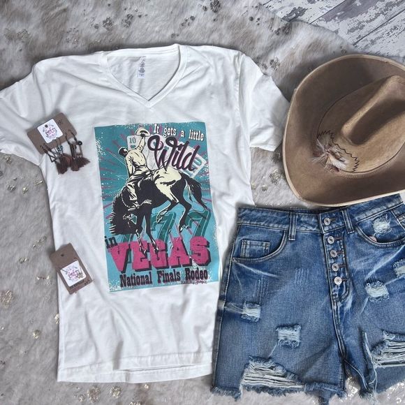 Ranch Swag “It gets a little wild in Vegas National Finals Rodeo” Vneck T-shirt - Picture 1 of 4
